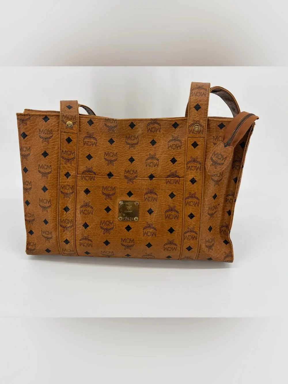 Rare‎ Vintage MCM Visetos Cognac Logo Tote Shoulder Bag Authentic